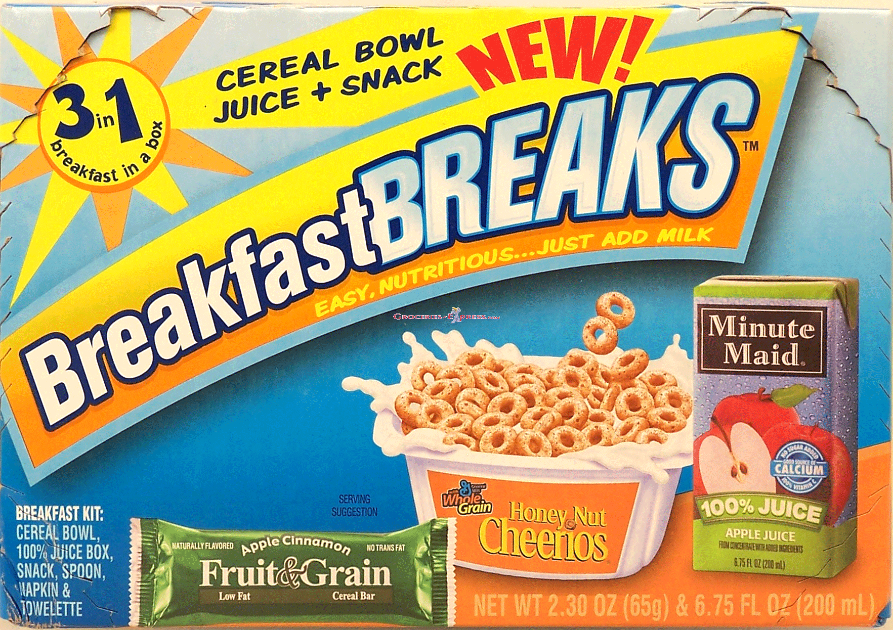 Breakfast Breaks honey nut cheerios, minute maid apple juice and cereal bar, just add milk Full-Size Picture